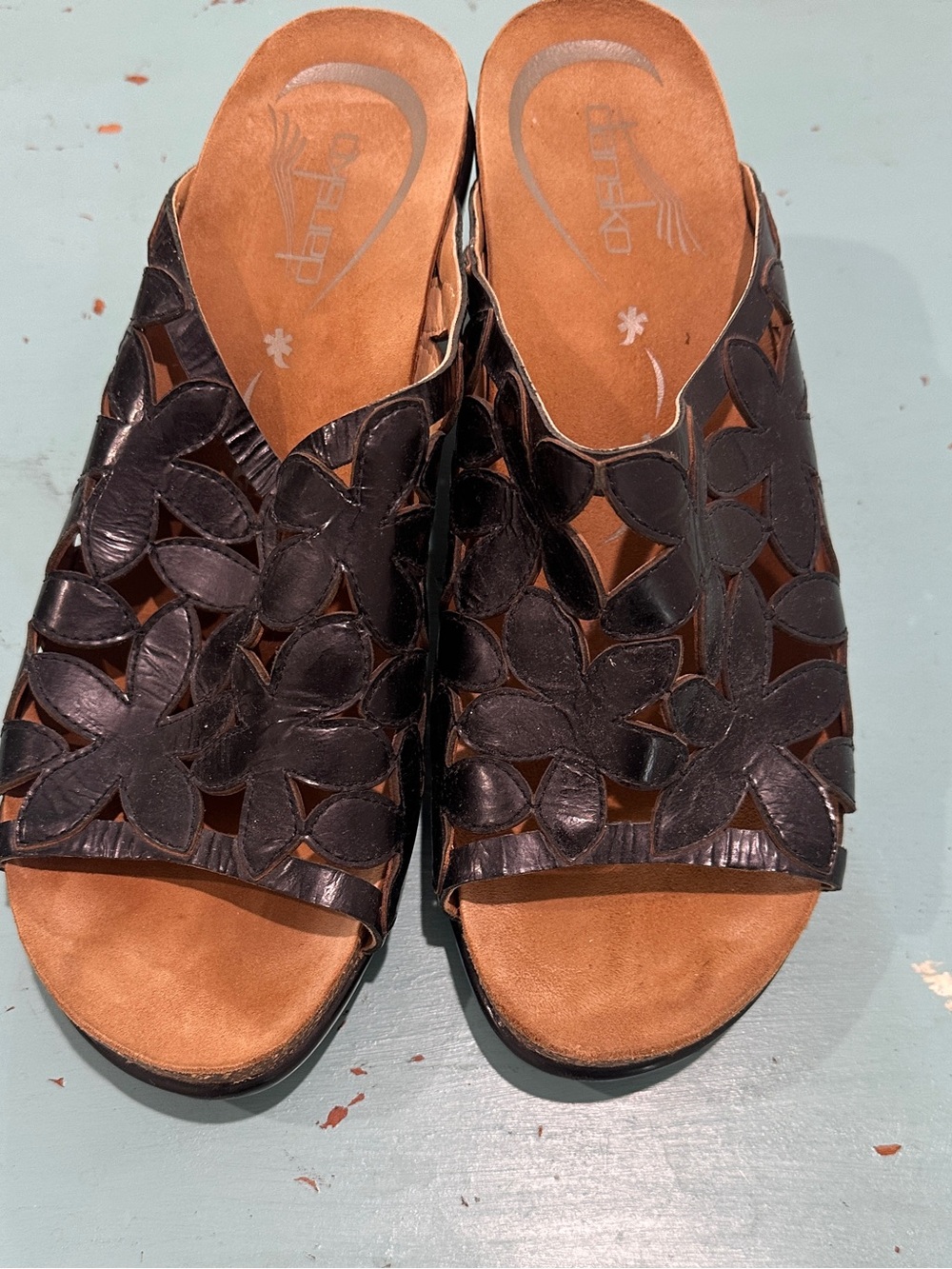 Dansko Black Floral Cutout Leather Slide Mules